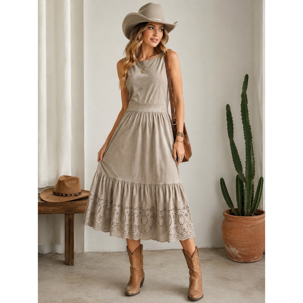 BB Dakota Faux Suede Midi Dress S Taupe Laser Cut Eyelet Scallop Hem Neutral